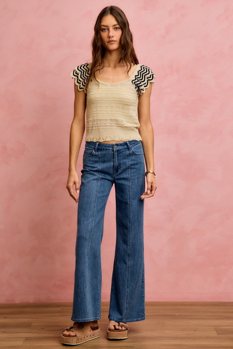 Oatmeal Wavy Textured Knit Top with Fluttered Sleeves by So Me