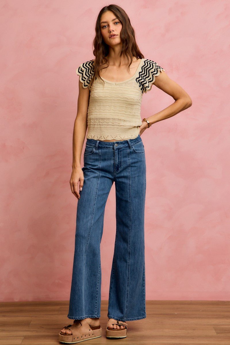 Oatmeal Wavy Textured Knit Top with Fluttered Sleeves by So Me