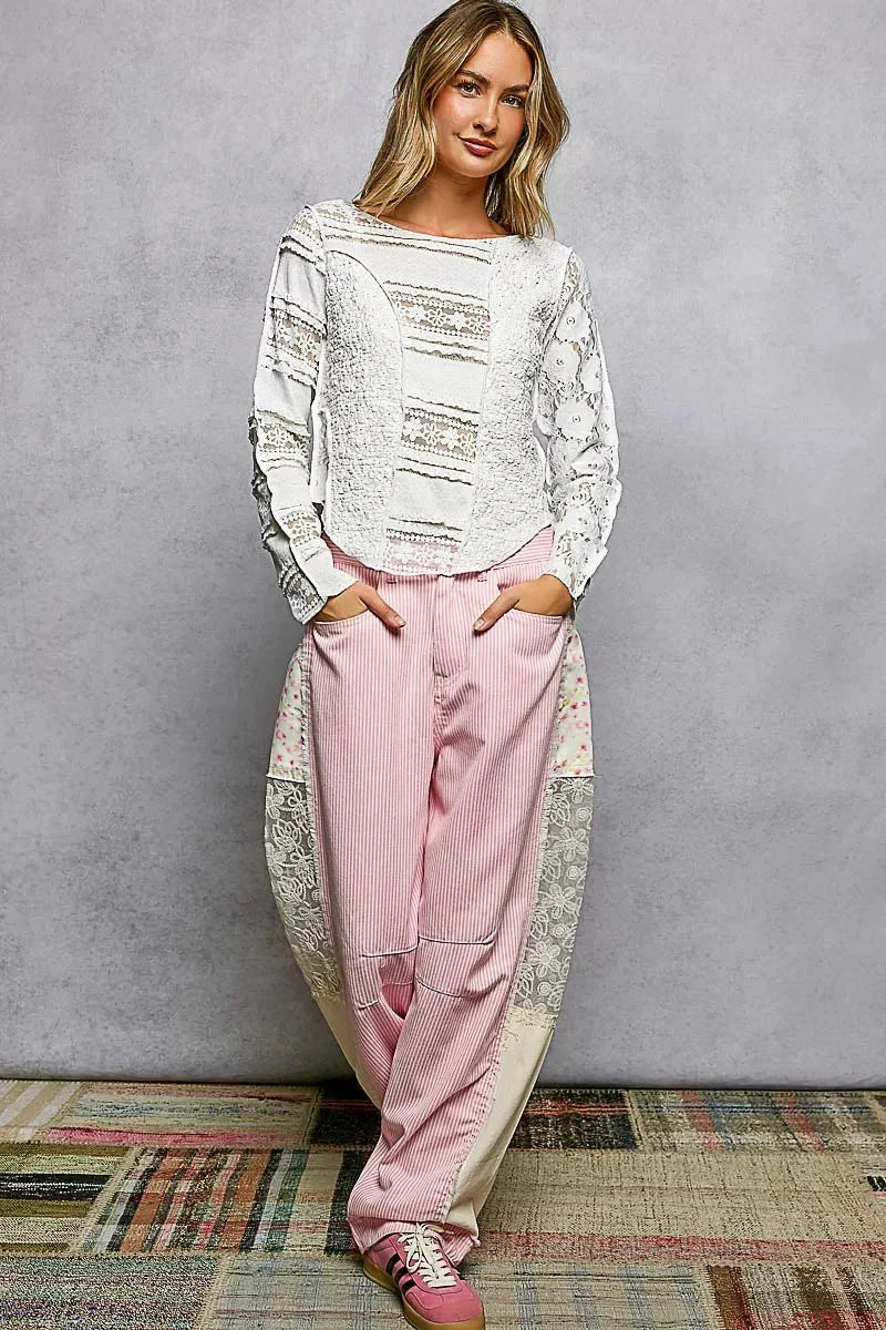 Off White Round Neck Long Sleeve Exposed Seam Top with Lace Detail by POL