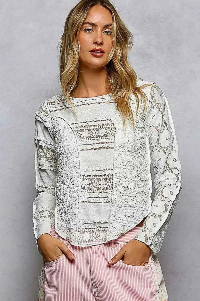 Off White Round Neck Long Sleeve Exposed Seam Top with Lace Detail by POL