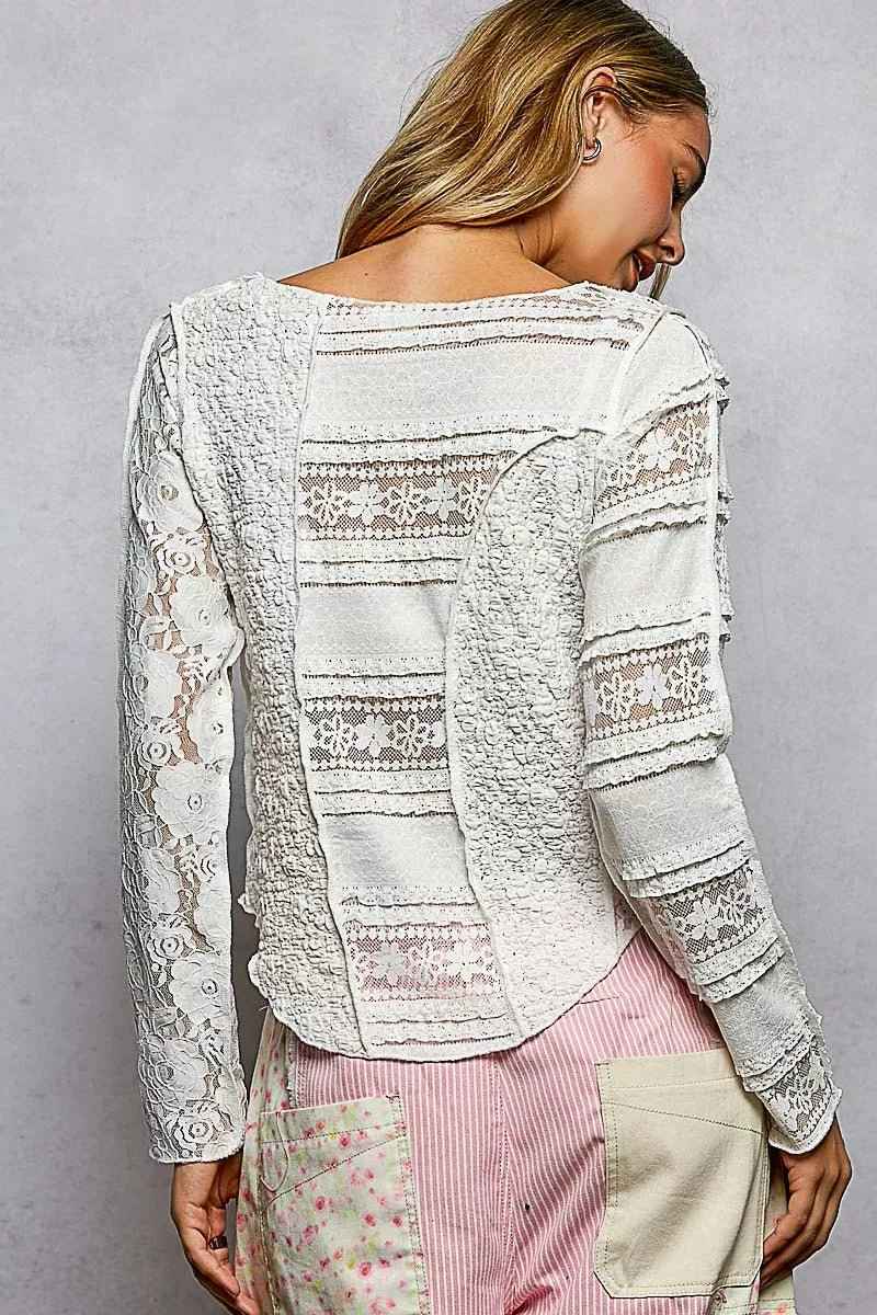 Off White Round Neck Long Sleeve Exposed Seam Top with Lace Detail by POL