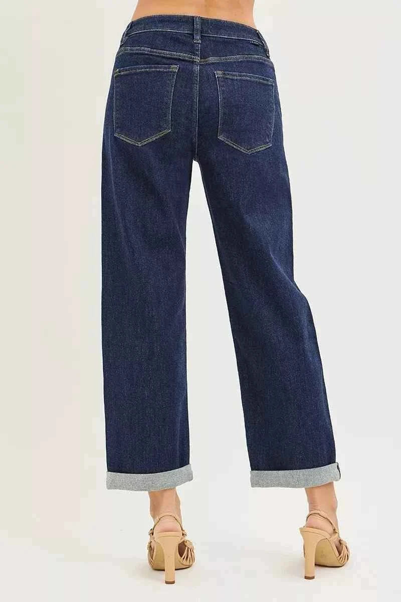 Solid Dark Wash Slouchy Cropped  Boyfriend Jeans with Cuffed Hem by Risen