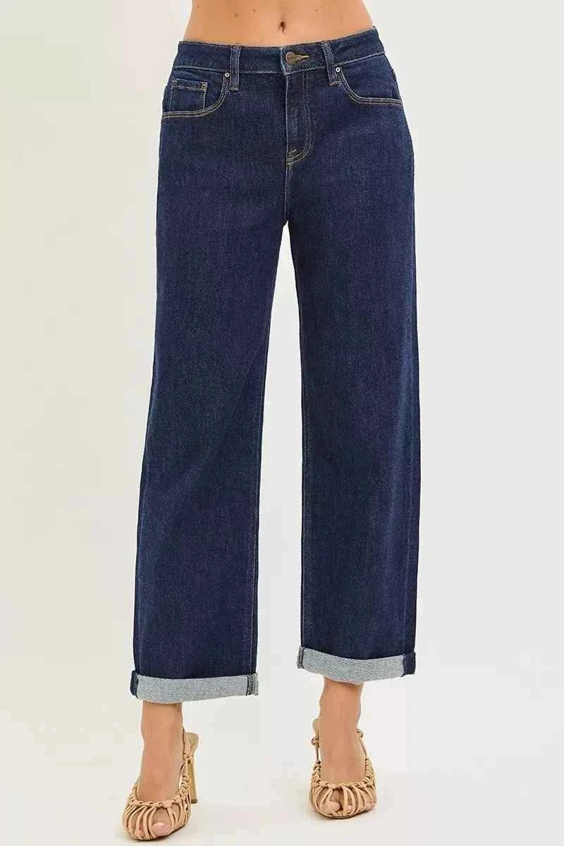 Solid Dark Wash Slouchy Cropped  Boyfriend Jeans with Cuffed Hem by Risen